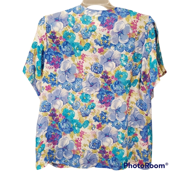 Vintage floral 100% silk chiffon short flutter sleeve round neck blouse size 8 - Picture 2 of 8